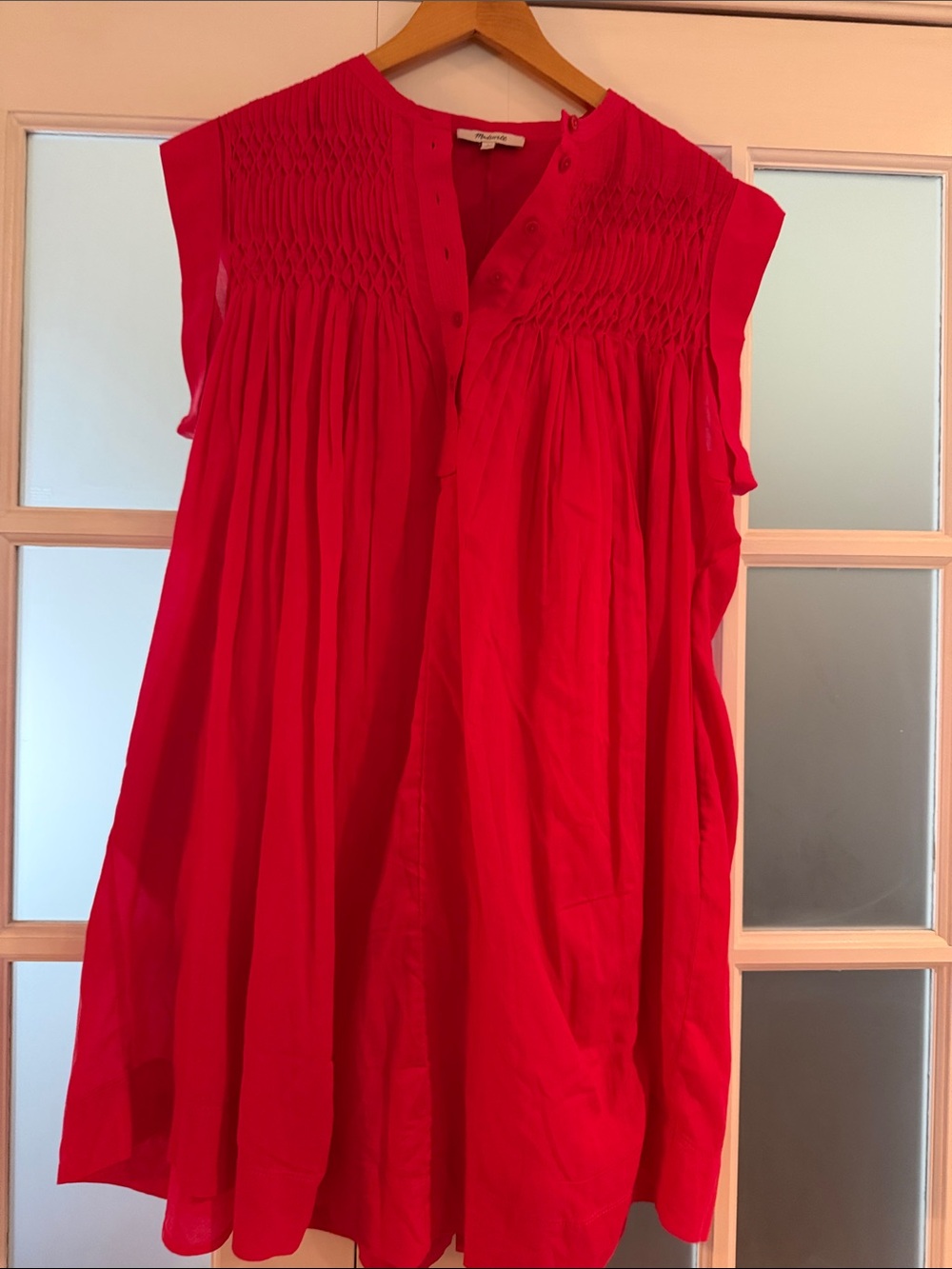 Madewell Bright Red Sleeveless Smocked-Yoke Tunic
